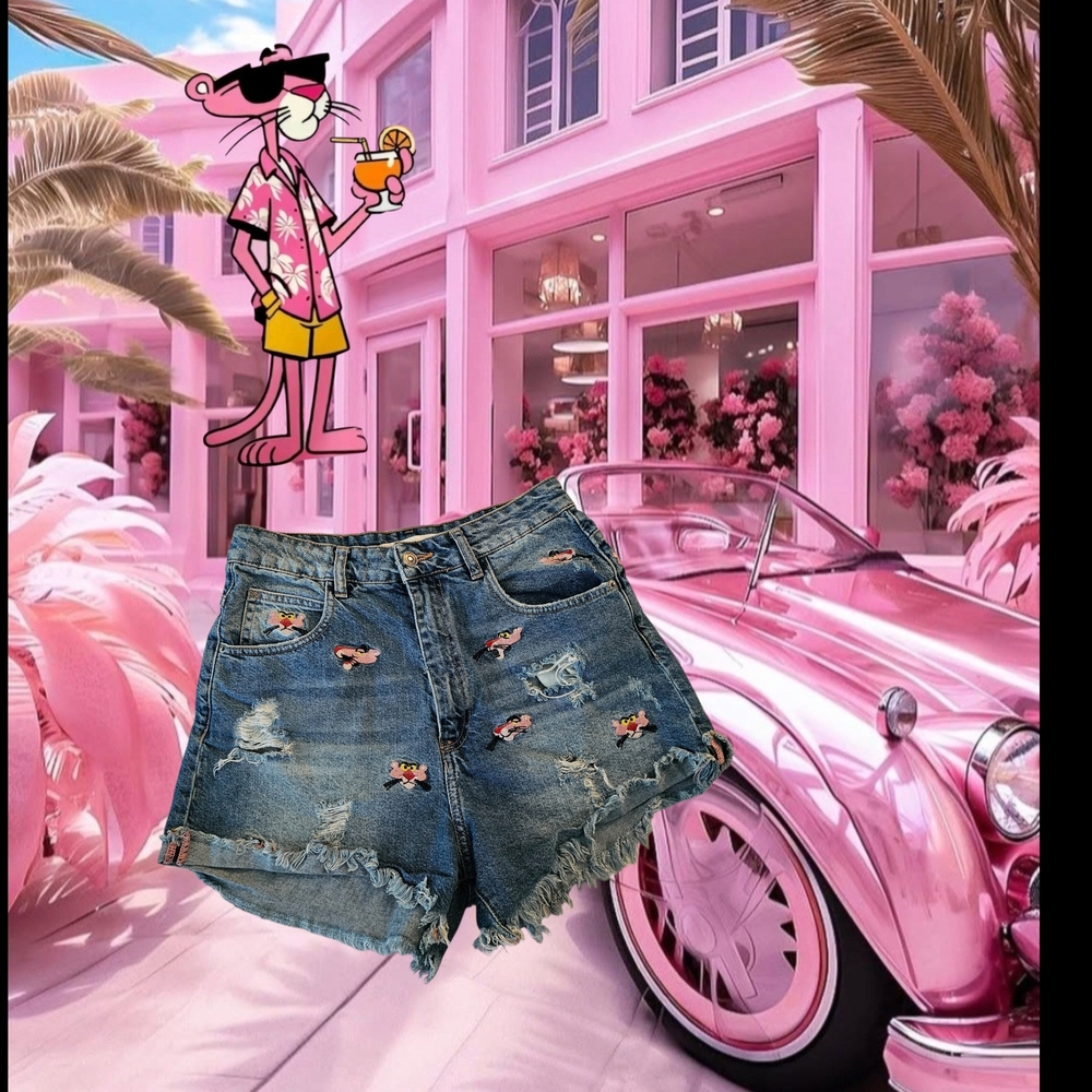 Zara High waisted Embroidered Distresed Denim Shorts - Blue Deadstock